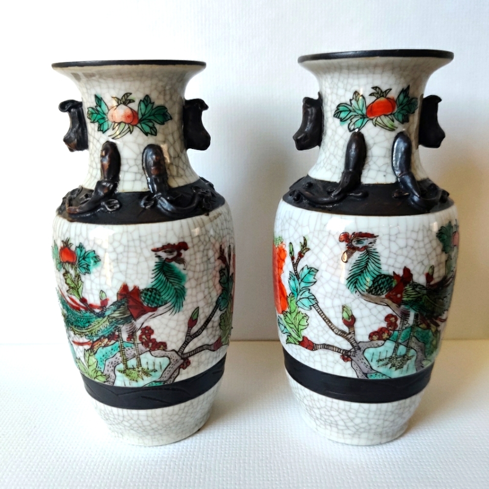 Vintage 50s Chinese Crackled Porcelain Pair of Vases Excellent